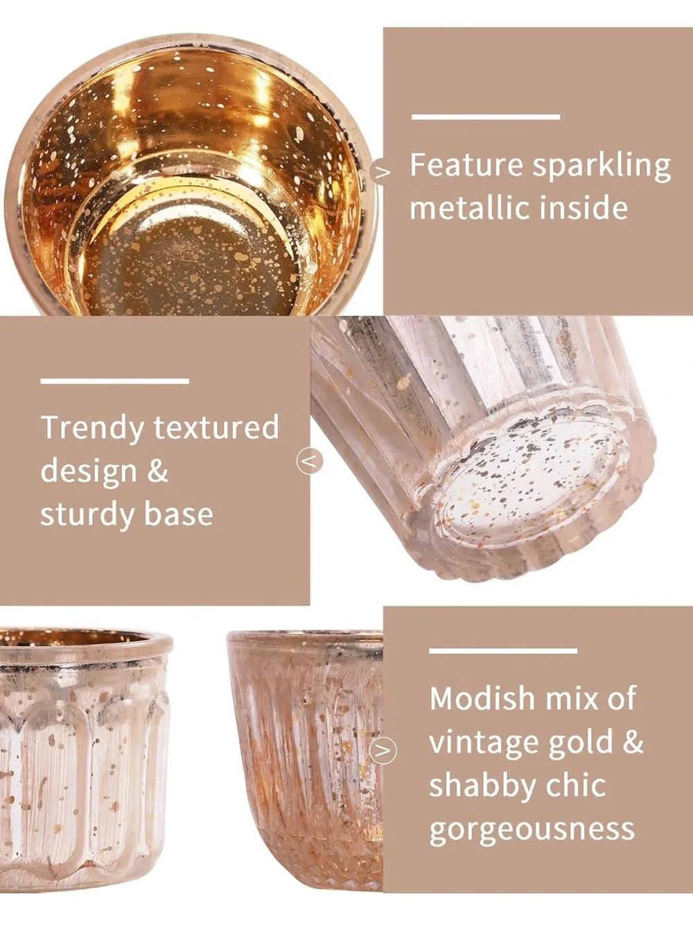 DN DECONATION 8PCS Gold Assorted Mercury Glass Votive Candle Holders